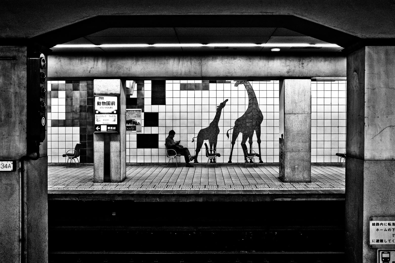 Man sitting in the metro system of Osaka next to a mural of giraffes. Street Photography by Victor Borst